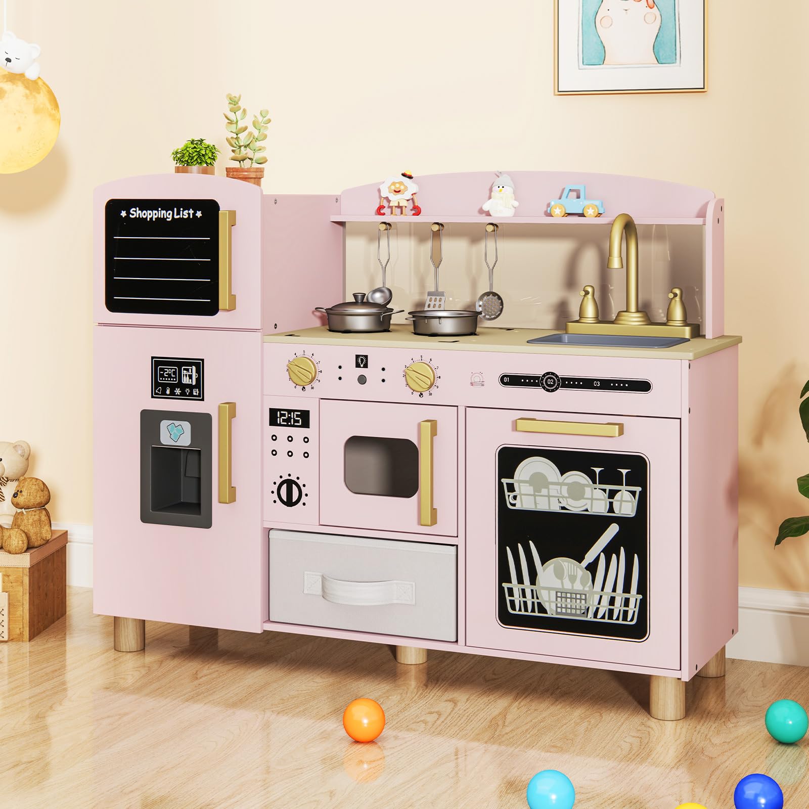 INFANS Kids Kitchen Playset, Toddler Wooden Pretend Cooking Toy Set with Acrylic Drawing Board Ice Machine Dishwasher