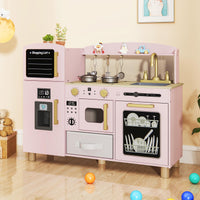 INFANS Kids Kitchen Playset, Toddler Wooden Pretend Cooking Toy Set with Acrylic Drawing Board Ice Machine Dishwasher