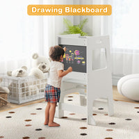 INFANS Toddler Standing Tower, Kids Montessori Kitchen Step Stool Helper with 2 Adjustable Height Learning Blackboard Safety Rail