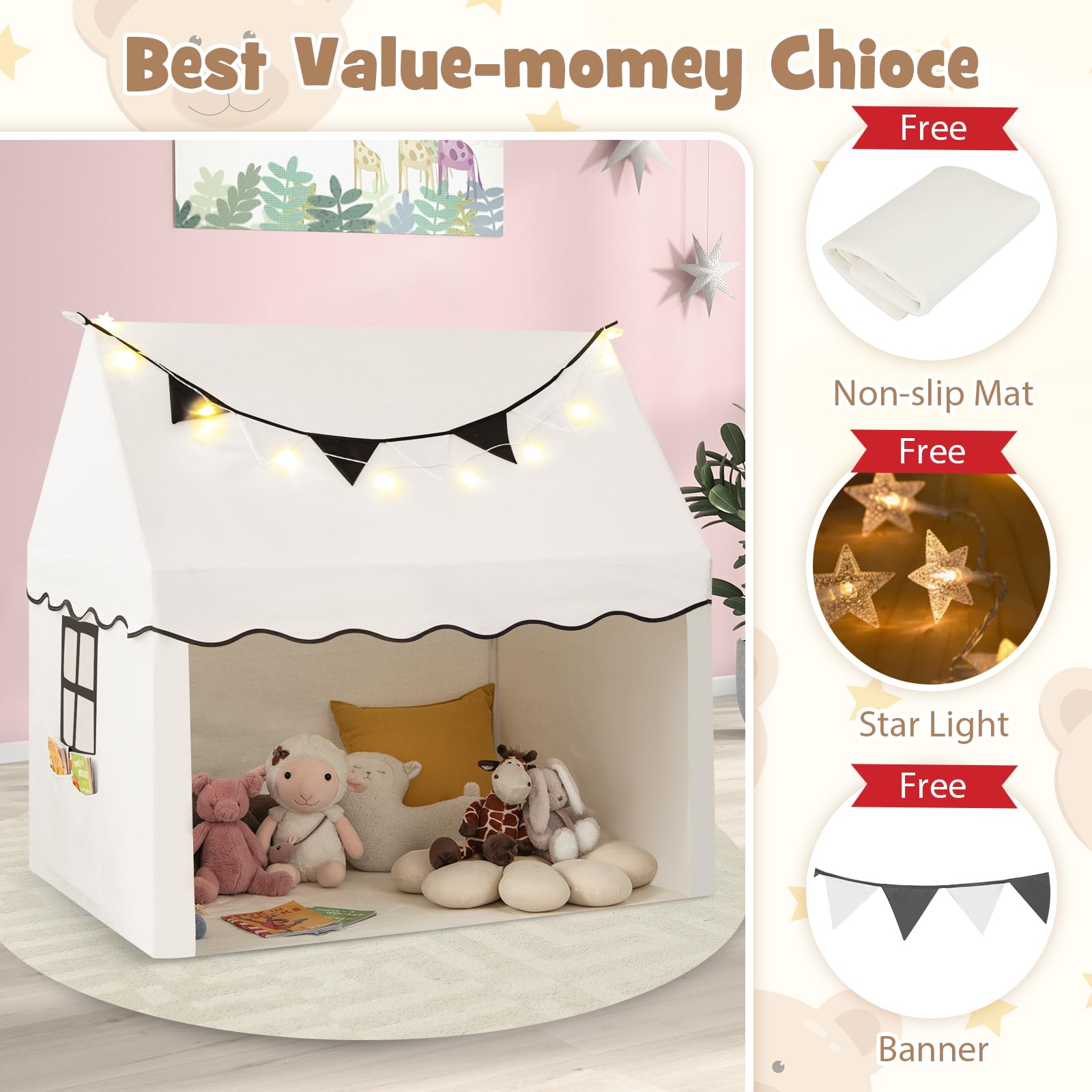 INFANS Kids Play Tent with Washable Mat Star Light Windows, Anti-Trip Large Playhouse Toys, Indoor Outdoor Princess Tents Castle