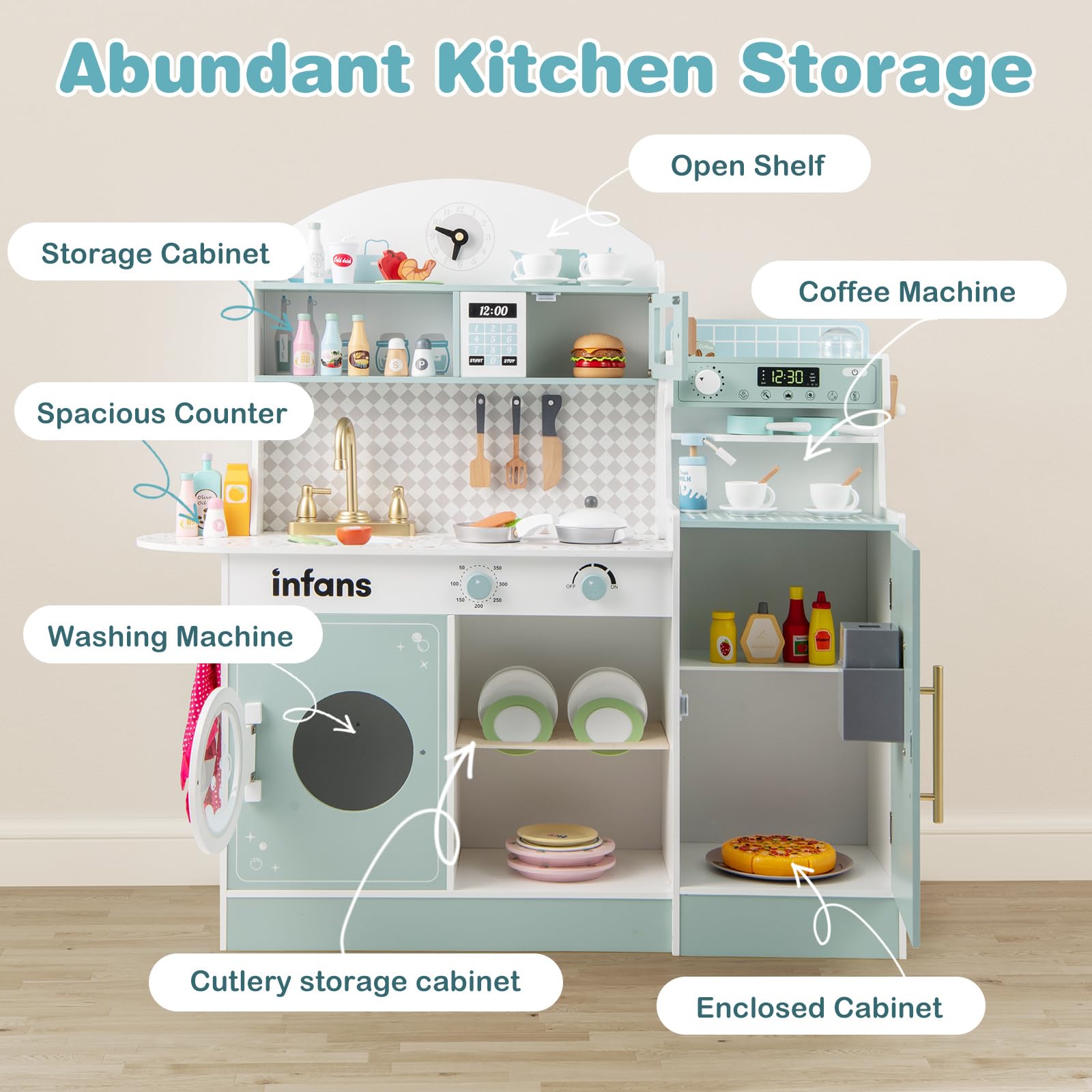 INFANS Kids Kitchen Playset, Toddler Wooden Kitchen Pretend Cooking Toy Set with Coffee Maker
