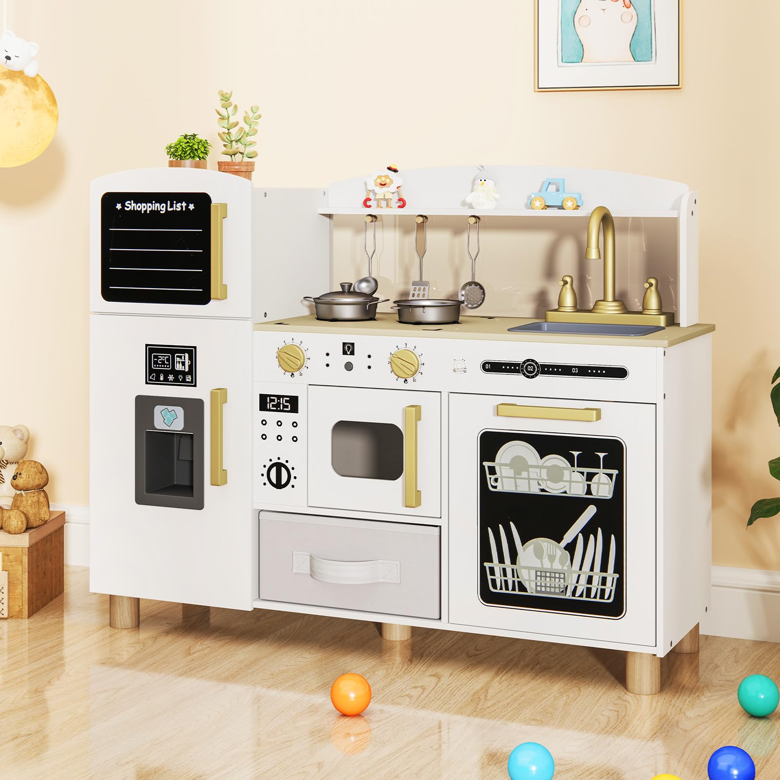 INFANS Kids Kitchen Playset, Toddler Wooden Pretend Cooking Toy Set with Acrylic Drawing Board Ice Machine Dishwasher