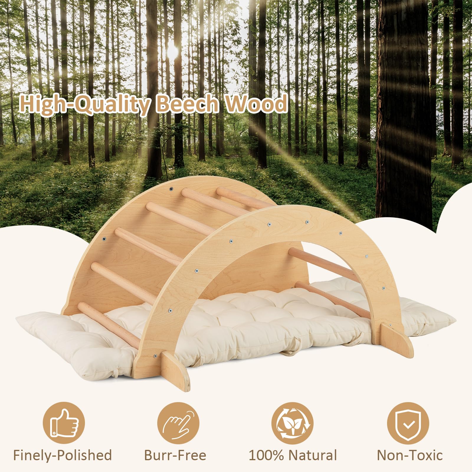 INFANS 6 in 1 Montessori Wooden Arch Climber Rocker with Cushion