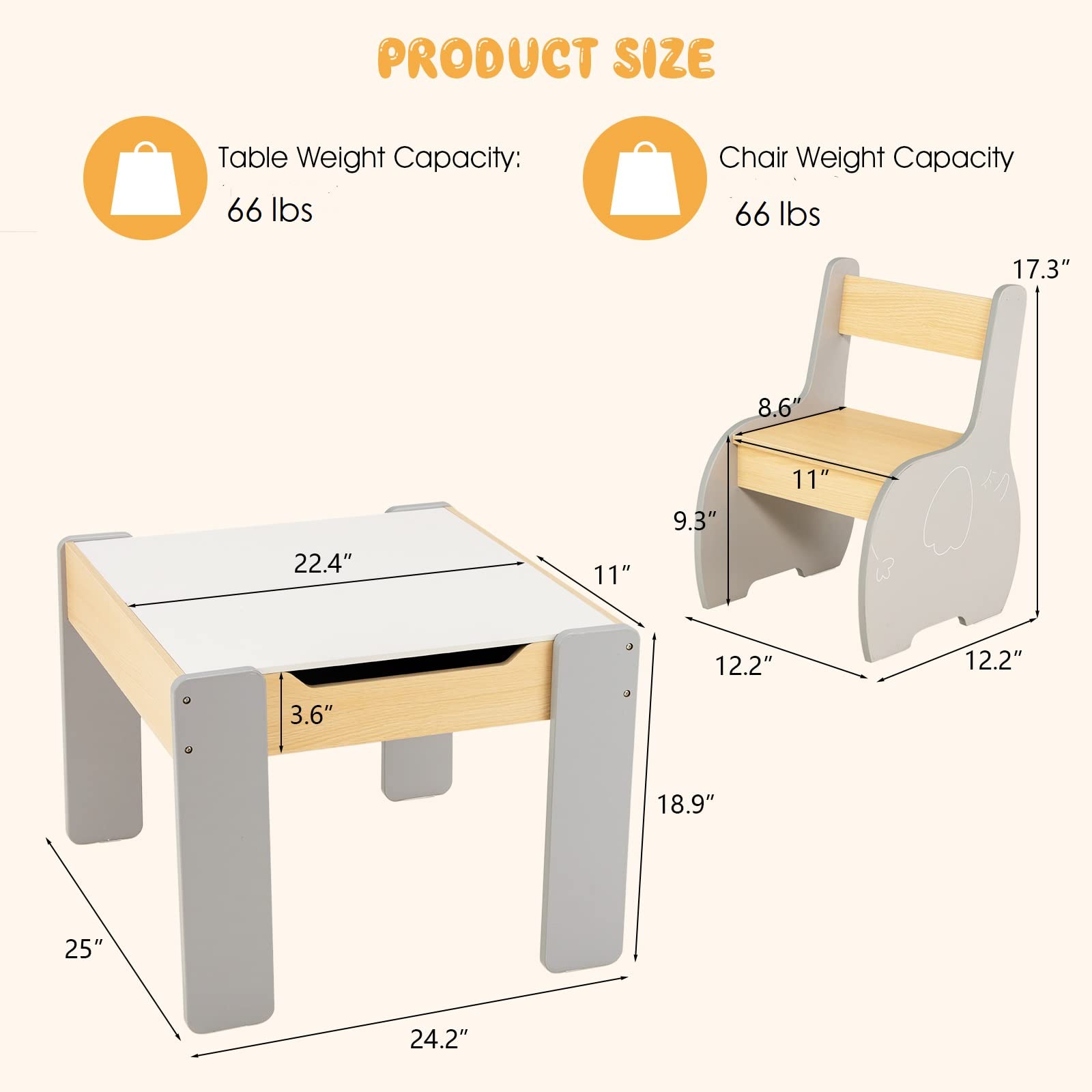 INFANS 3 in 1 Kids Table and Chair Set, Wood Multi Activity Table with Removable Tabletop, Detachable Blackboard
