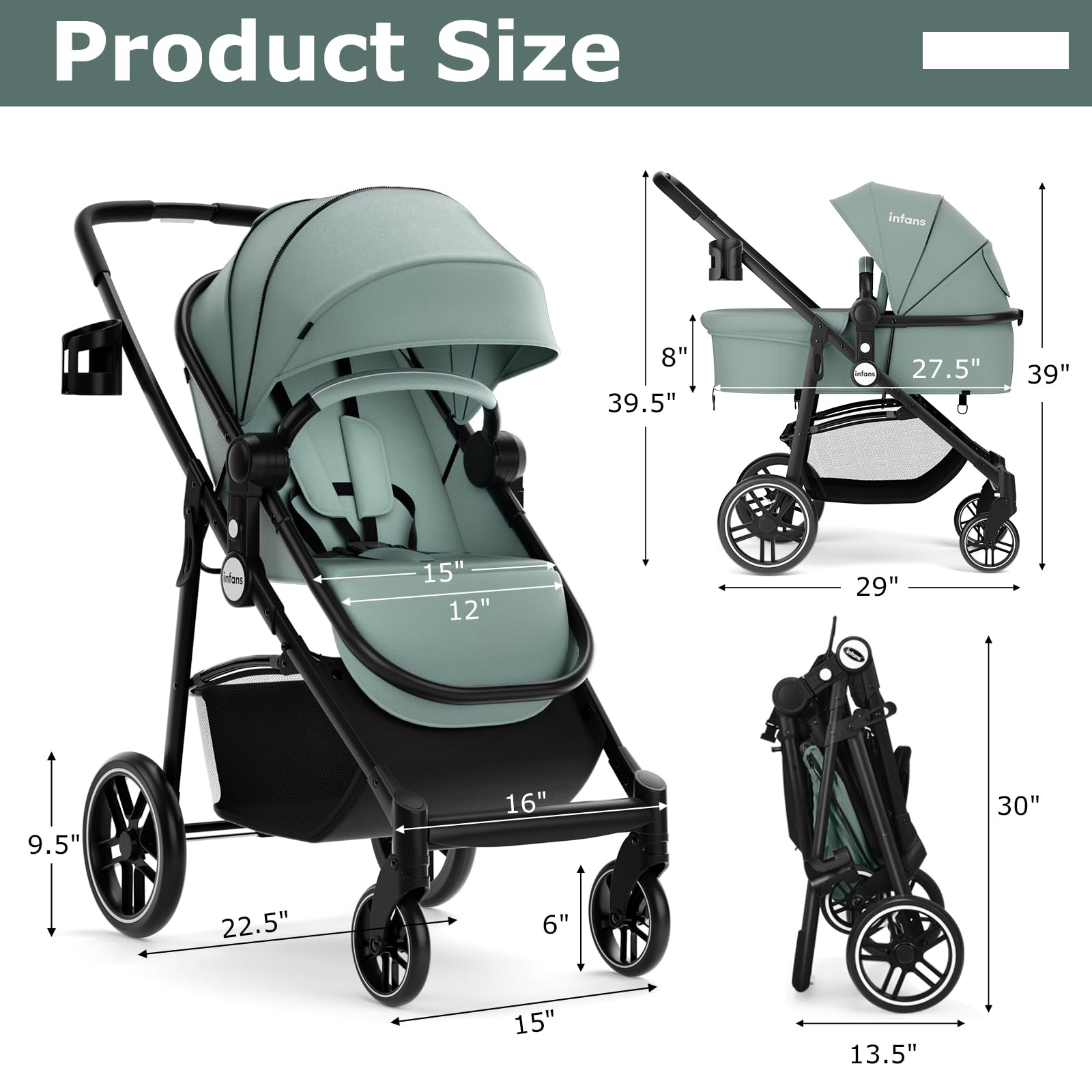 INFANS 2 in 1 Baby Stroller, High Landscape Infant Stroller, Foldable Pushchair