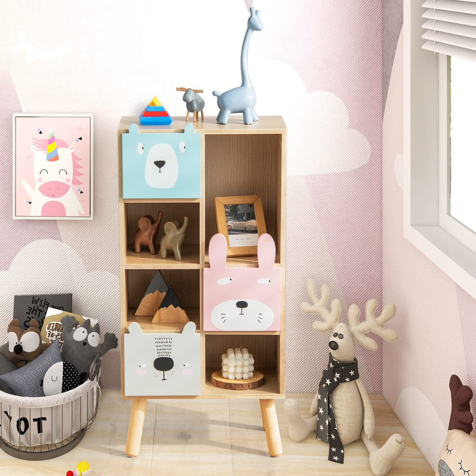 INFANS Kids Bookcase Toy Storage Organizer, Children Storage Cabinet with 3 Slide Drawers and 4 Cubes