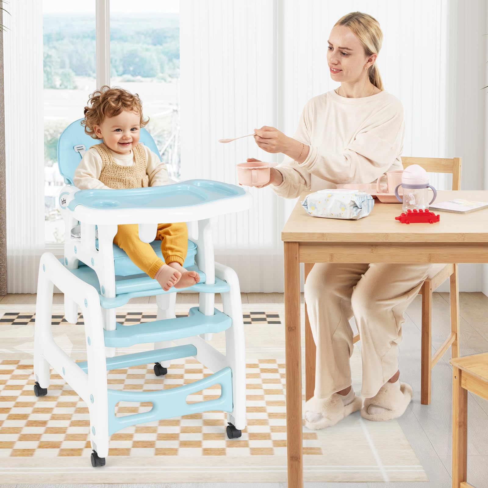 INFANS 5 in 1 Baby High Chair, Convertible Toddler Table Chair Set, Rocking Chair, Multi-Function Seat with Lockable Universal Wheels