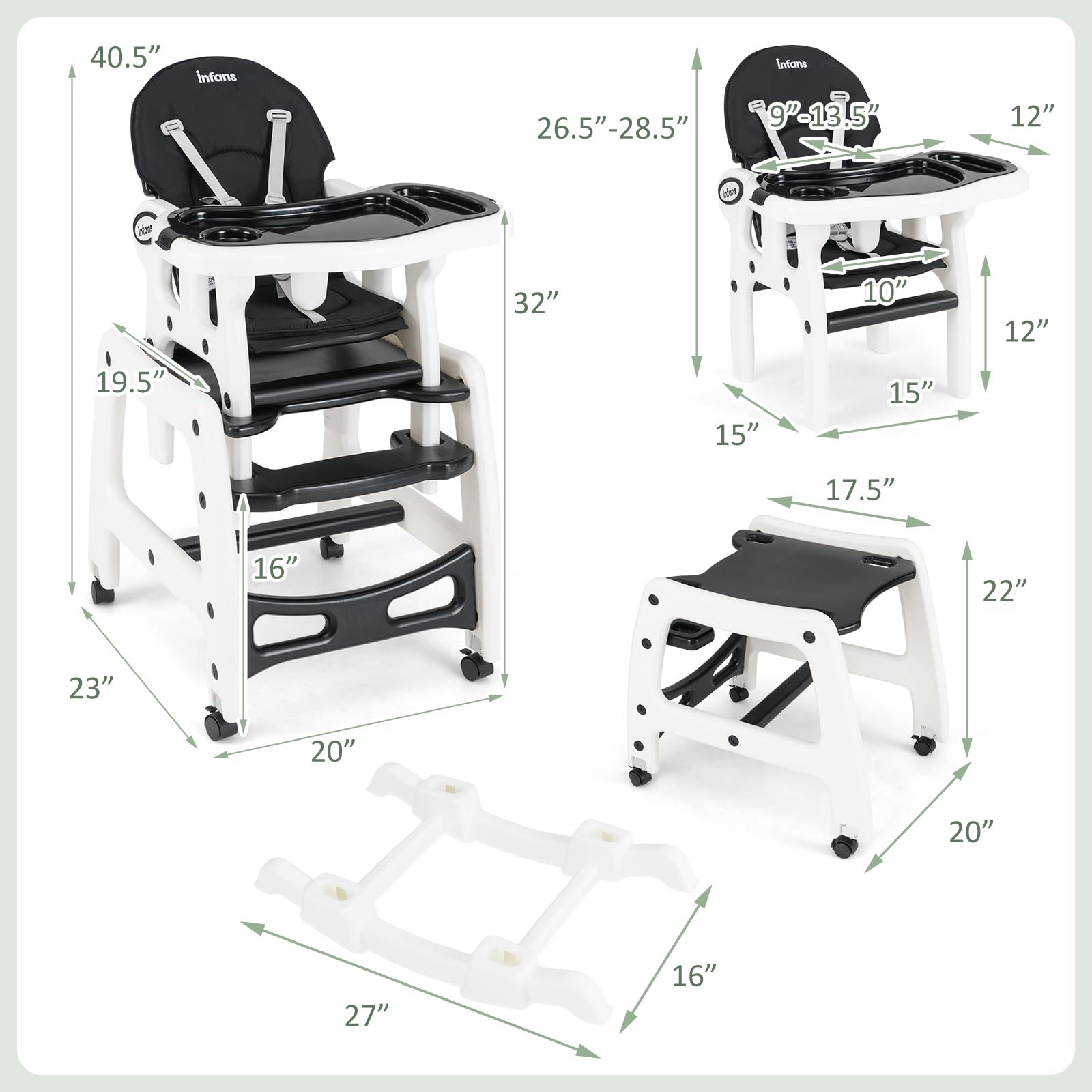 INFANS 5 in 1 Baby High Chair, Convertible Toddler Table Chair Set, Rocking Chair, Multi-Function Seat with Lockable Universal Wheels