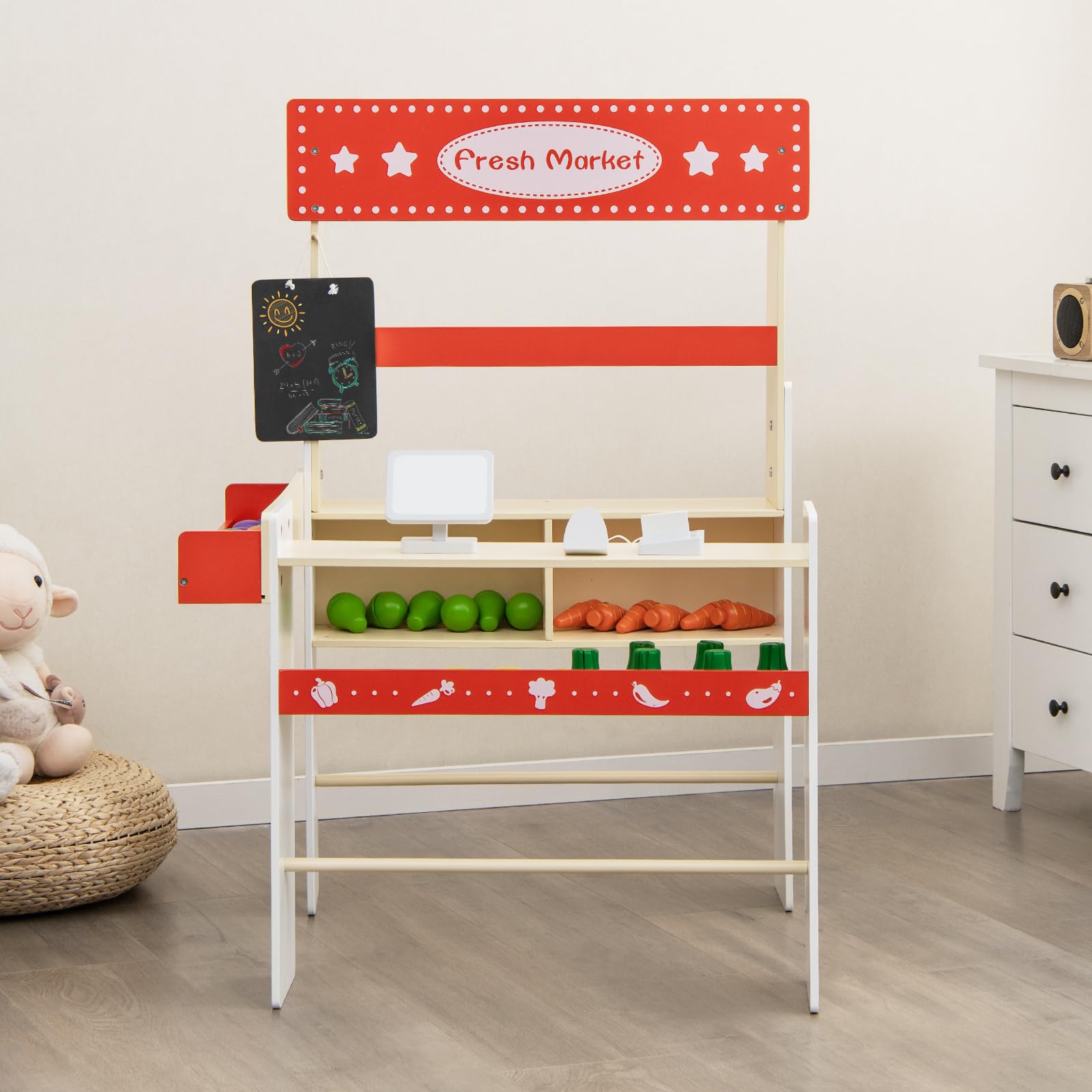 INFANS Grocery Store Marketplace Toy, Kids Wooden Market Stand Pretend Play Set