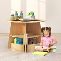 INFANS Toddler Table and Chair Set with 4 Storage Stools, Wooden Flower Shaped Nesting Table with Blackboard Drawers