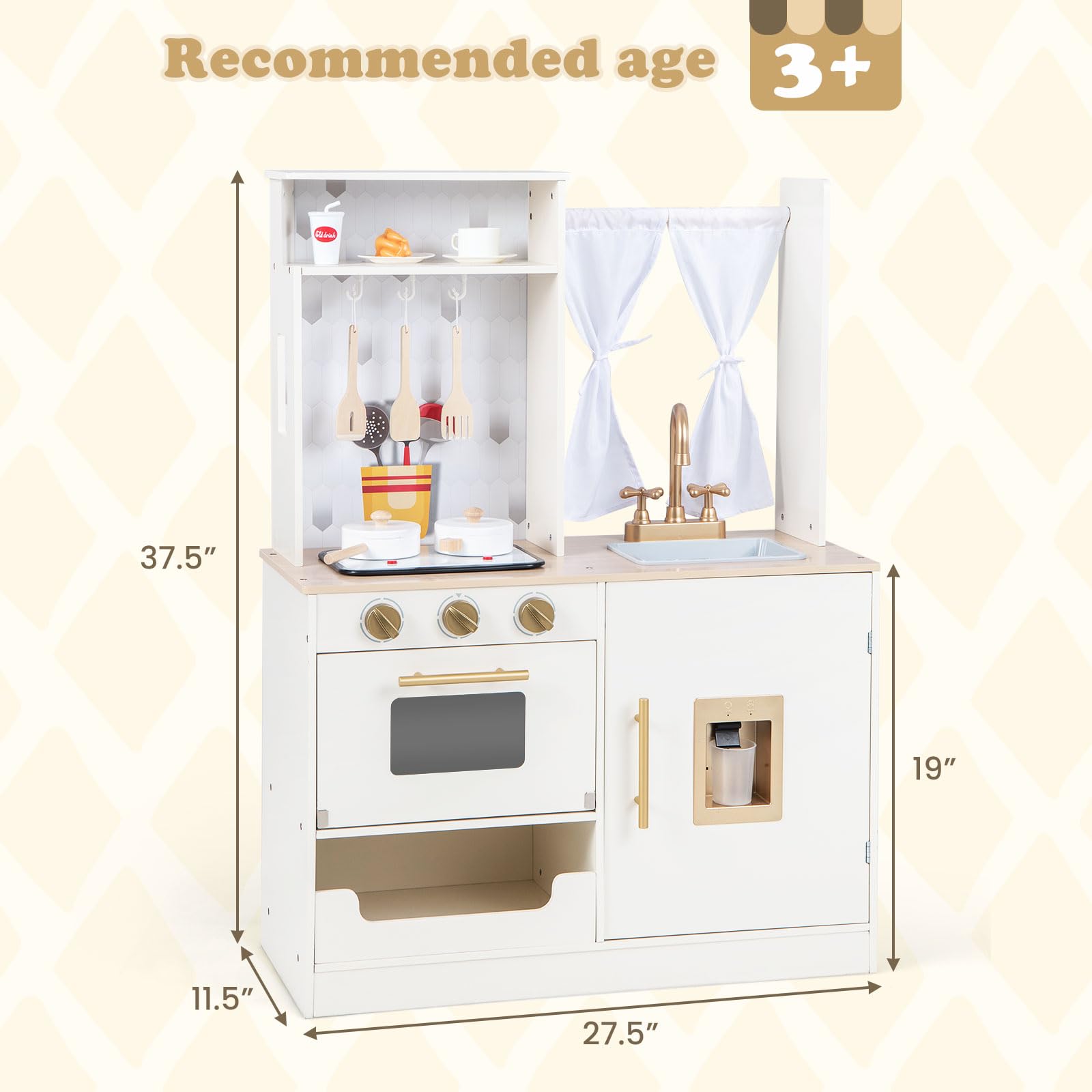 INFANS Kid Kitchen Playset, Toddler Wooden Pretend Cooking Set with Realistic Light & Sound, Stove, Microwave