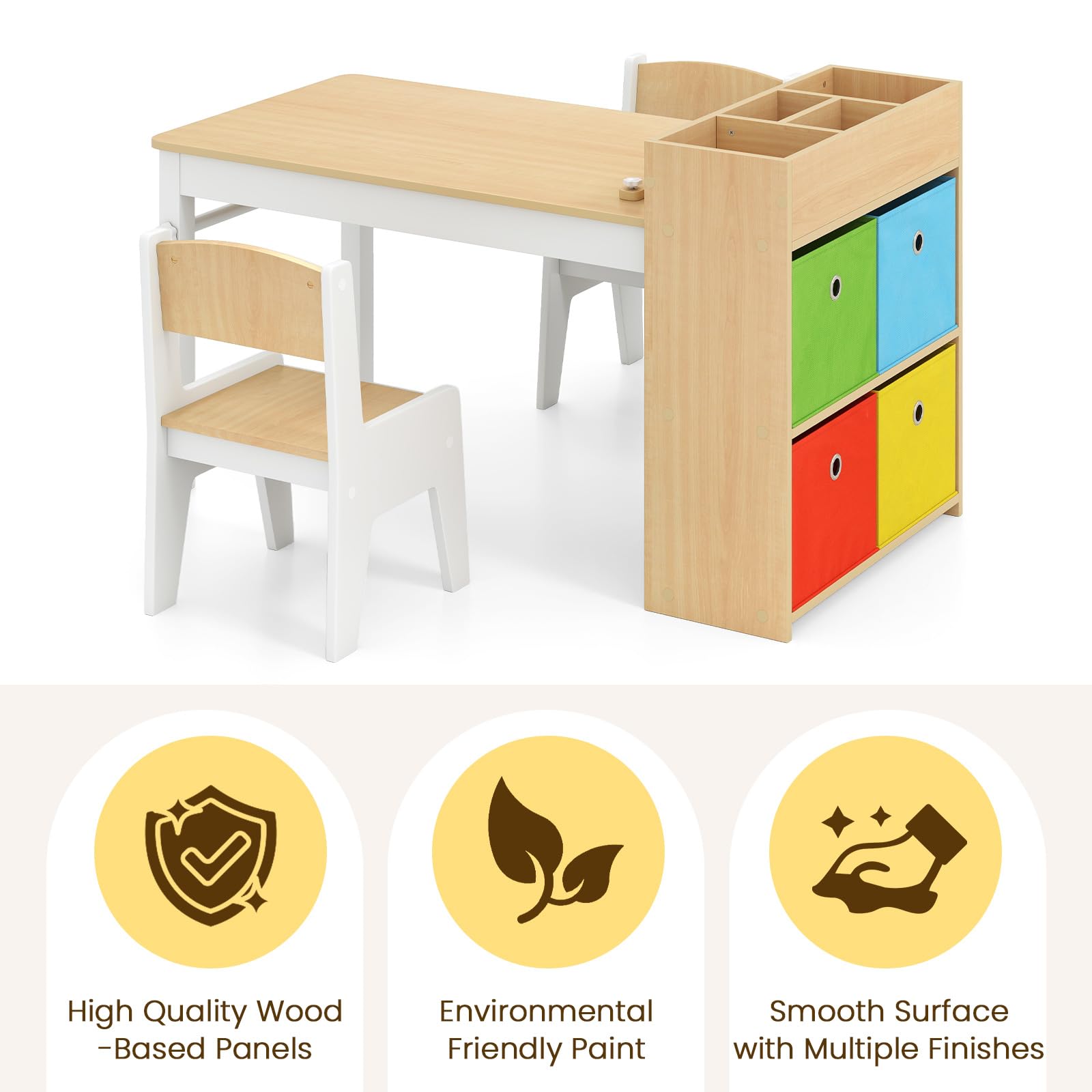 INFANS Kids Table and Chair Set, Toddler Art Craft Play Wood Activity Desk with 2 Chairs 4 Storage Canvas Bins Paper Roll