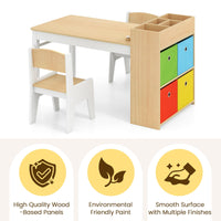 INFANS Kids Table and Chair Set, Toddler Art Craft Play Wood Activity Desk with 2 Chairs 4 Storage Canvas Bins Paper Roll