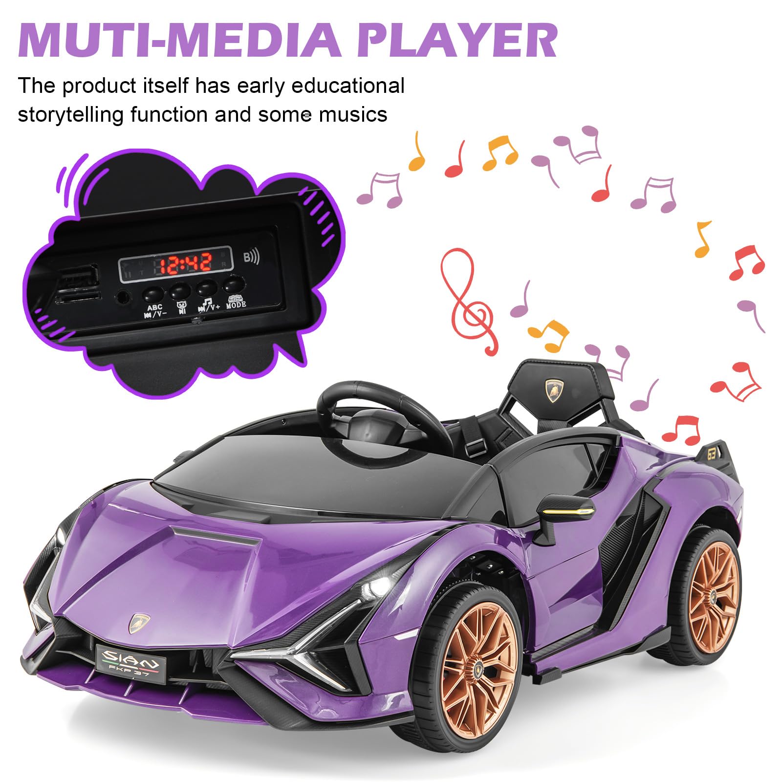 INFANS 12V Licensed Lamborghini Sian Kids Ride on Car with Parent Remote Control, Electric Toy Roadster Carbon Fiber Textured