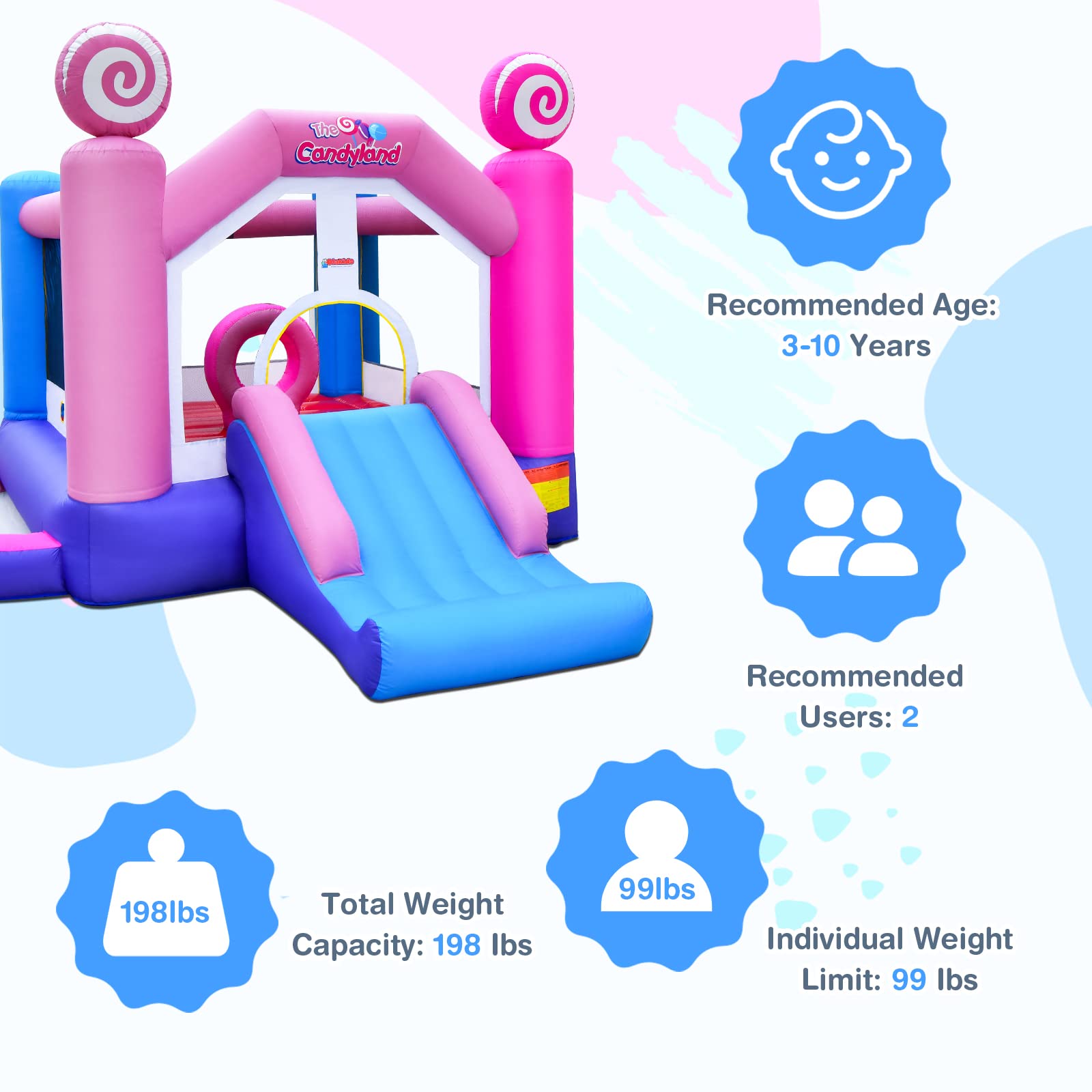 INFANS Inflatable Bounce House, Kids Candyland Pink Jumping Castle with Slide Ball Pit Basketball Rim