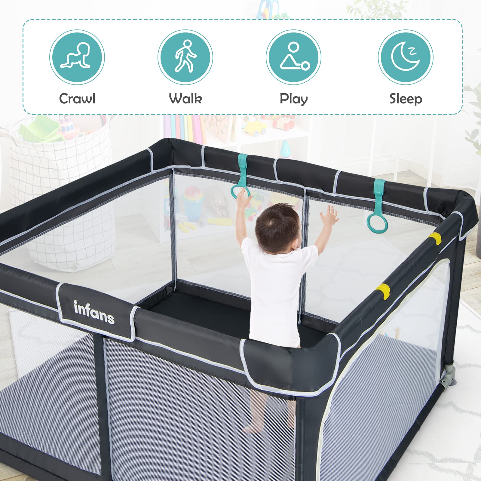 INFANS Baby Playpen, 50’’x50’’ Foldable Large Baby Playard, Indoor Outdoor Kids Activity Center Baby Fence
