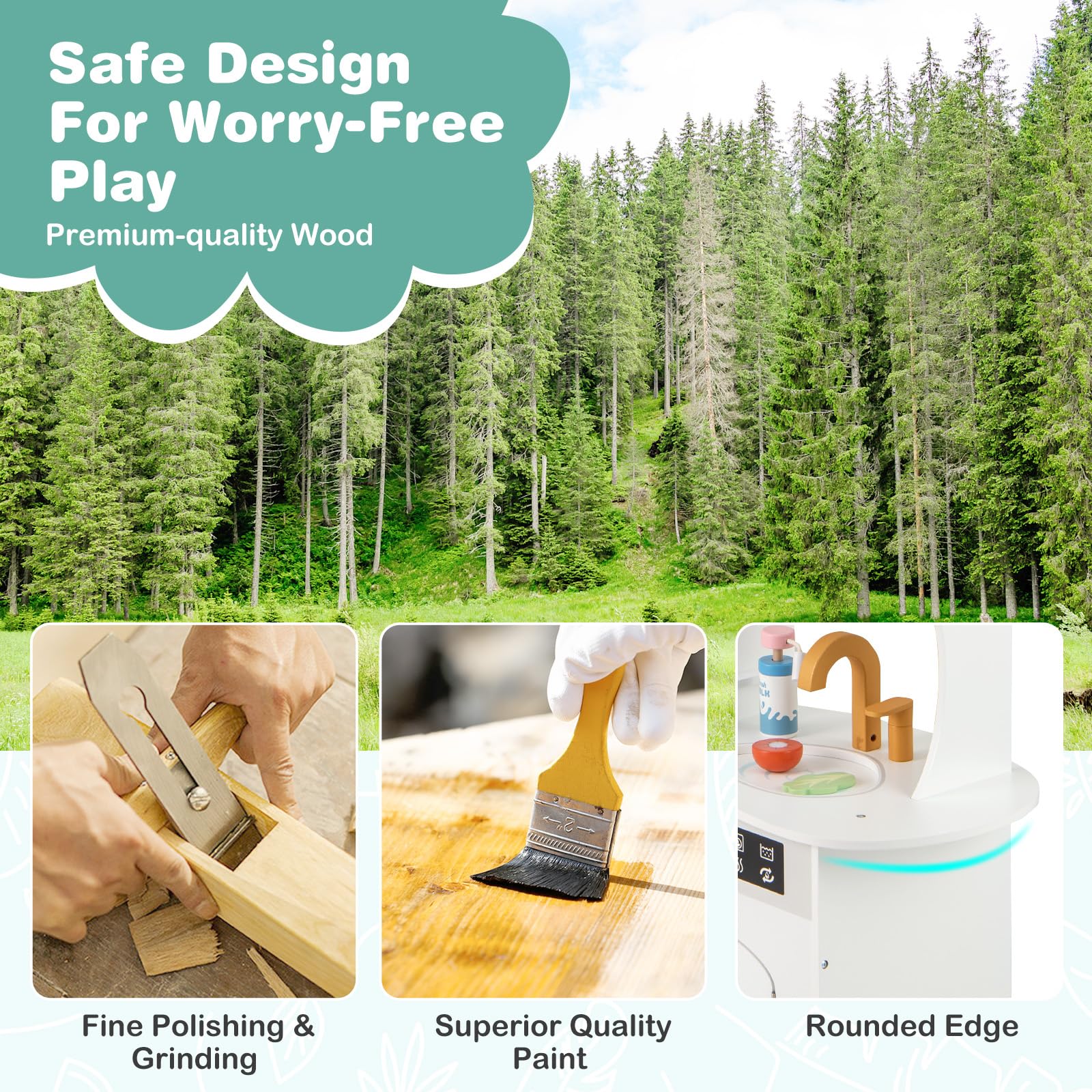INFANS Corner Kids Kitchen Playset, Toddler Wooden Pretend Cooking Set with Lights Sounds Coffee Machine Washing Machine