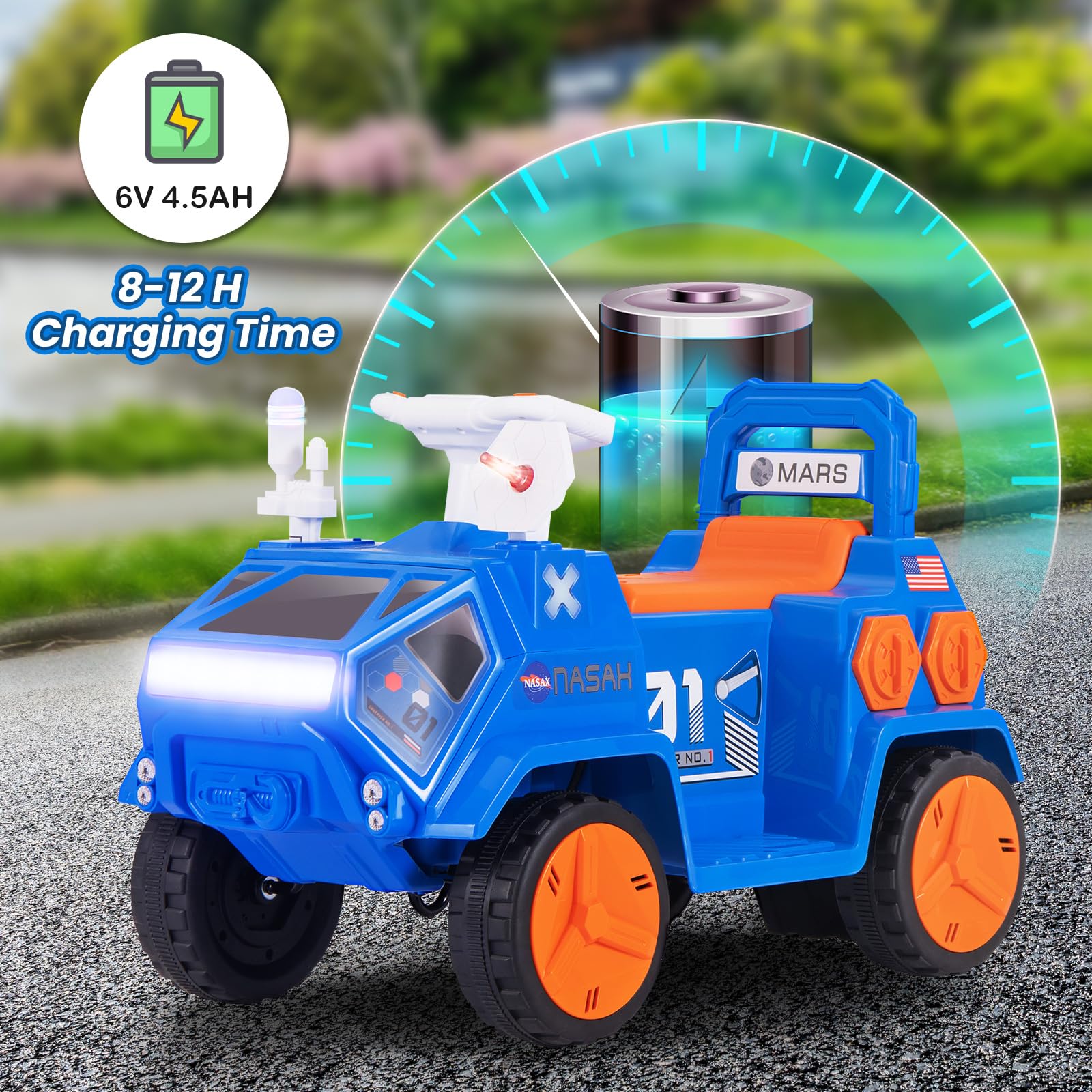 INFANS Ride on Car, 6V Electric Toy for Kids with Radar, Rocket, MP3, USB, Horn, 4-Wheeler Battery Powered Quad Gift for Toddlers