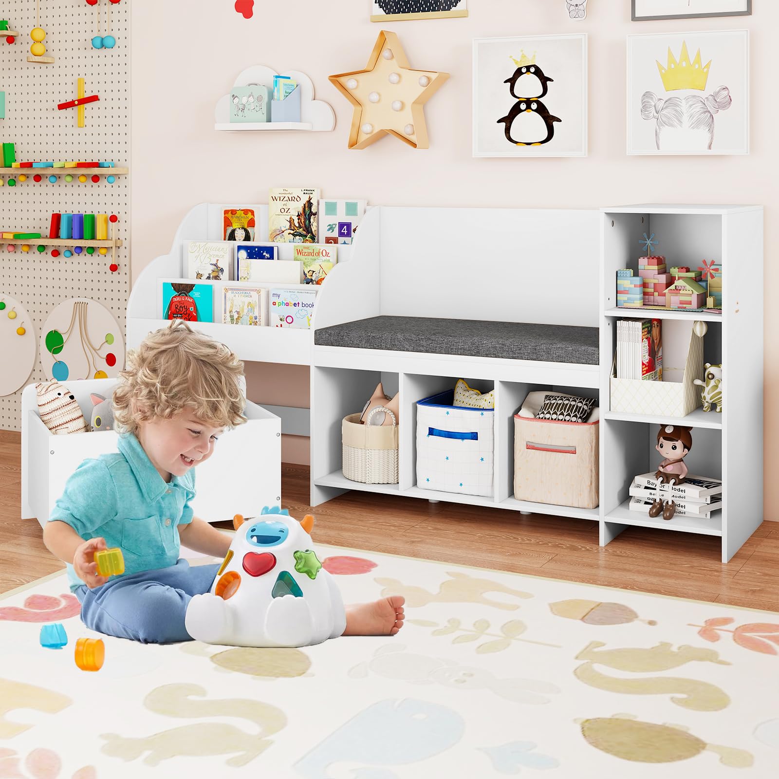 Kids Bookshelf Toy Storage Organizer with Reading Nook Seat Cushion