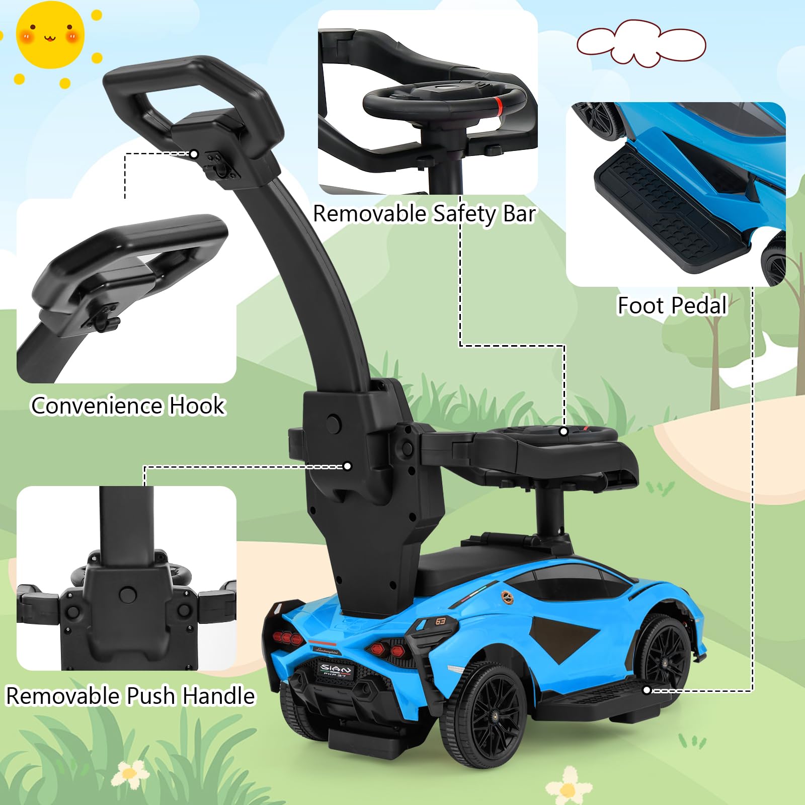 INFANS 3 in 1 Ride on Push Car, Licensed Lamborghini Baby Stroller Sliding Walking Car with Push Handle