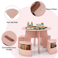 INFANS Toddler Table and Chair Set with 4 Storage Stools, Wooden Flower Shaped Nesting Table with Blackboard Drawers