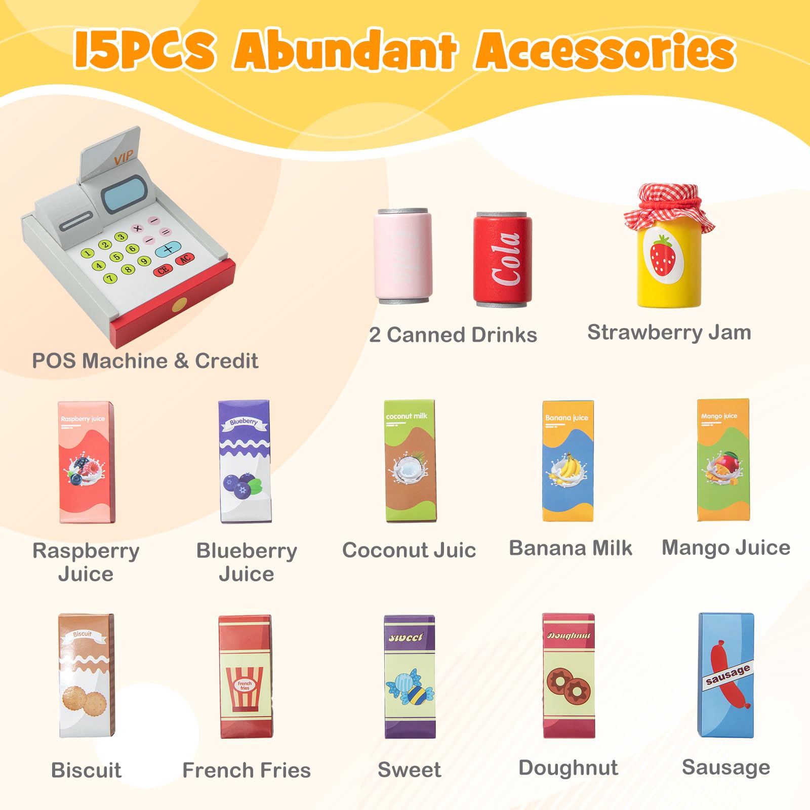 INFANS Kids Grocery Store Playset, Wooden Supermarket Toy Set with Cash Register, Vending Machine, Pretend Play Store