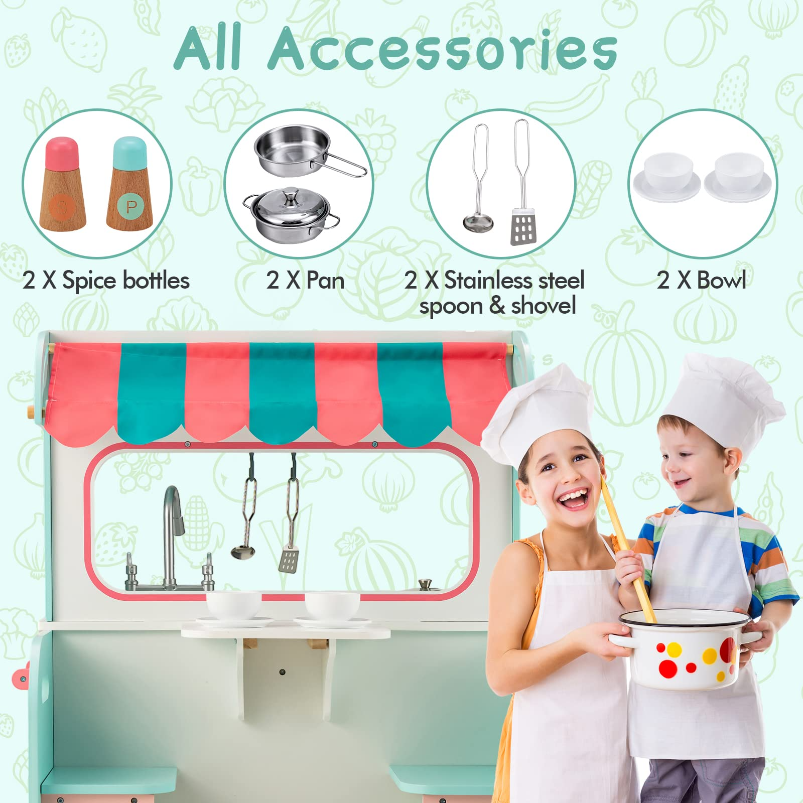 INFANS 2 in 1 Kids Play Kitchen and Restaurant, Double Sided Toddler Wooden Pretend Cooking Set with Stove Sink Microwave Storage Cabinet INFANS
