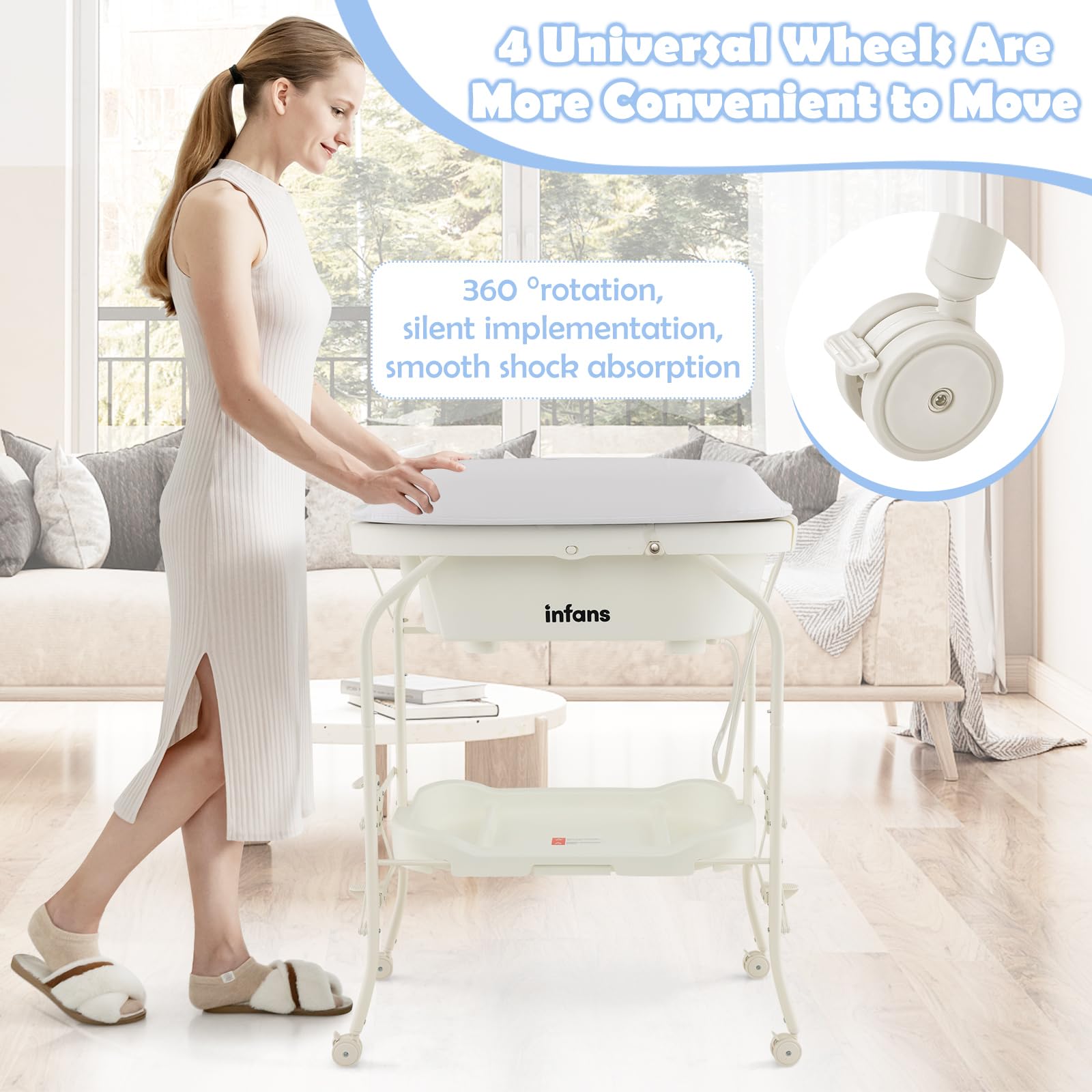 INFANS 2 in 1 Baby Changing Table with Bath Tub Unit, Folding Diaper Dresser Station with Wheels Waterproof Pad