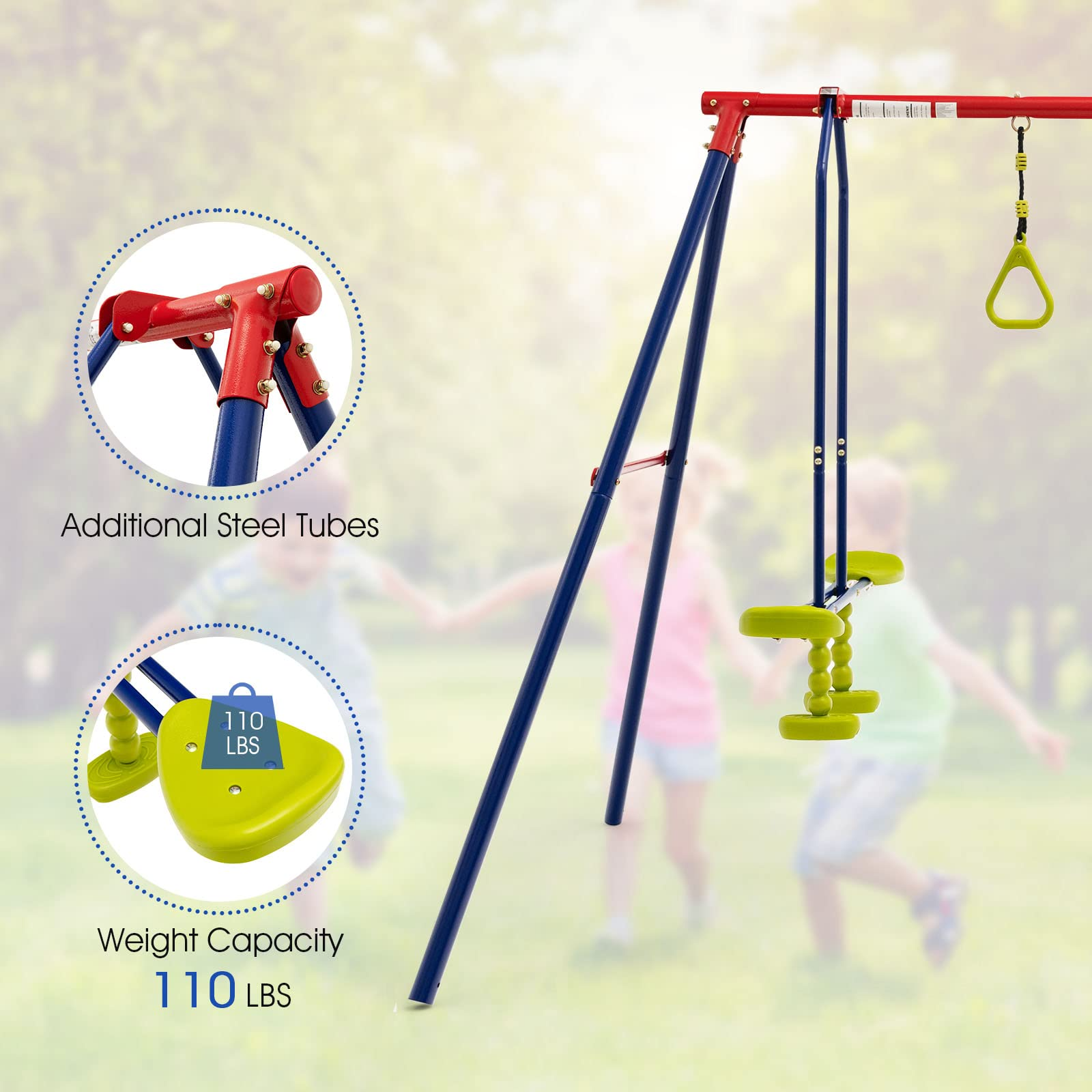 OLAKIDS 440lbs Swing Set, Outdoor 3 in 1 A-Frame Heavy Duty Metal Stand for Kids and Adults, Backyard Playground Activity Playset with Swing Seat, Glider, Trapeze Rings for Toddlers INFANS