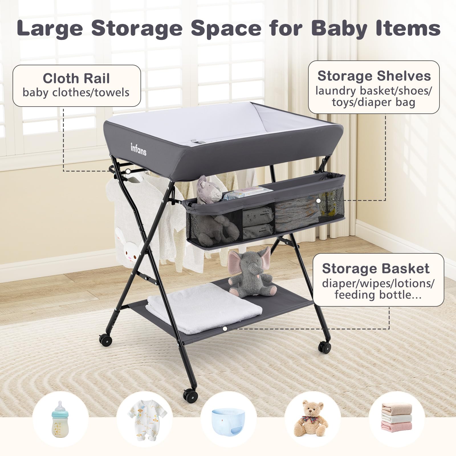 INFANS Baby Changing Table with Wheels, Portable Folding Diaper Station Nursery Organizer with Adjustable Height
