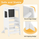 INFANS Toddler Standing Tower, Kids Montessori Kitchen Step Stool Helper with 2 Adjustable Height Learning Blackboard Safety Rail