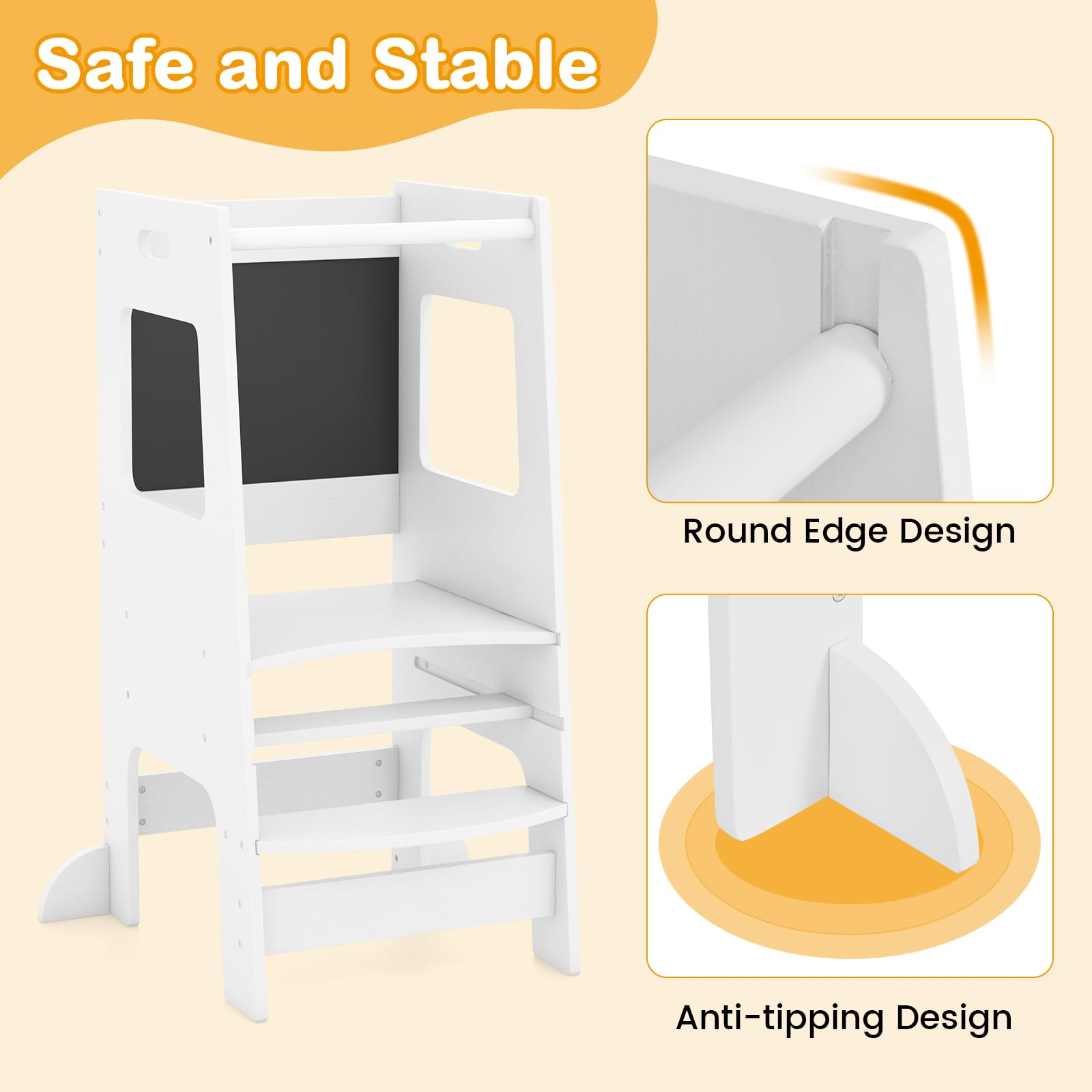 INFANS Toddler Standing Tower, Kids Montessori Kitchen Step Stool Helper with 2 Adjustable Height Learning Blackboard Safety Rail