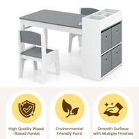 INFANS Kids Table and Chair Set, Toddler Art Craft Play Wood Activity Desk with 2 Chairs 4 Storage Canvas Bins Paper Roll