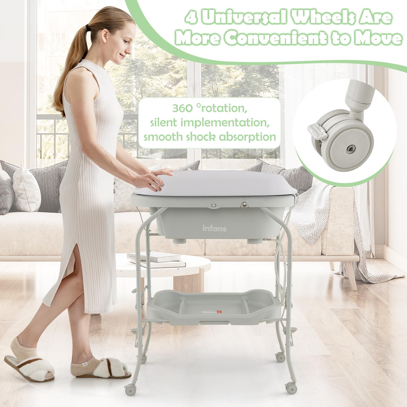 INFANS 2 in 1 Baby Changing Table with Bath Tub Unit, Folding Diaper Dresser Station with Wheels Waterproof Pad