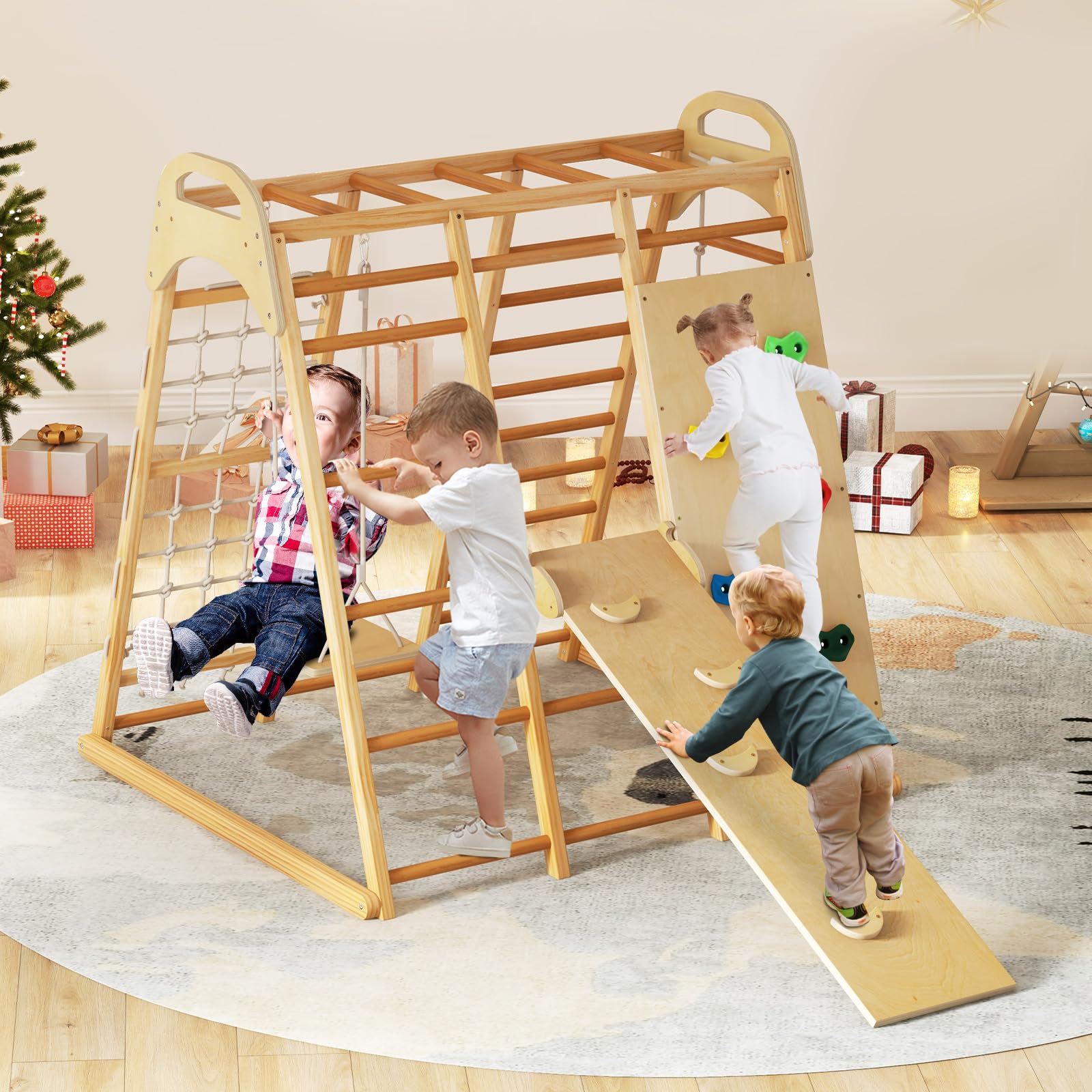 INFANS 8 in 1 Climbing Toys for Toddlers, Kids Wood Montessori Climber Playset, Indoor Playground Jungle Gym