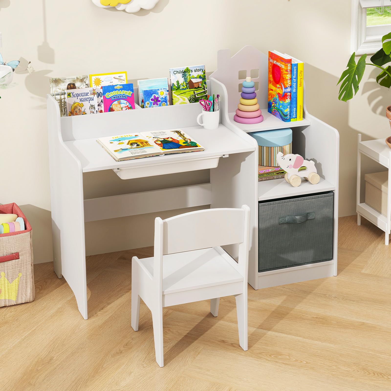 INFANS Kids Table and Chair Set, Toddler Art Craft Play Wood Activity Desk with Chairs, Children Furniture