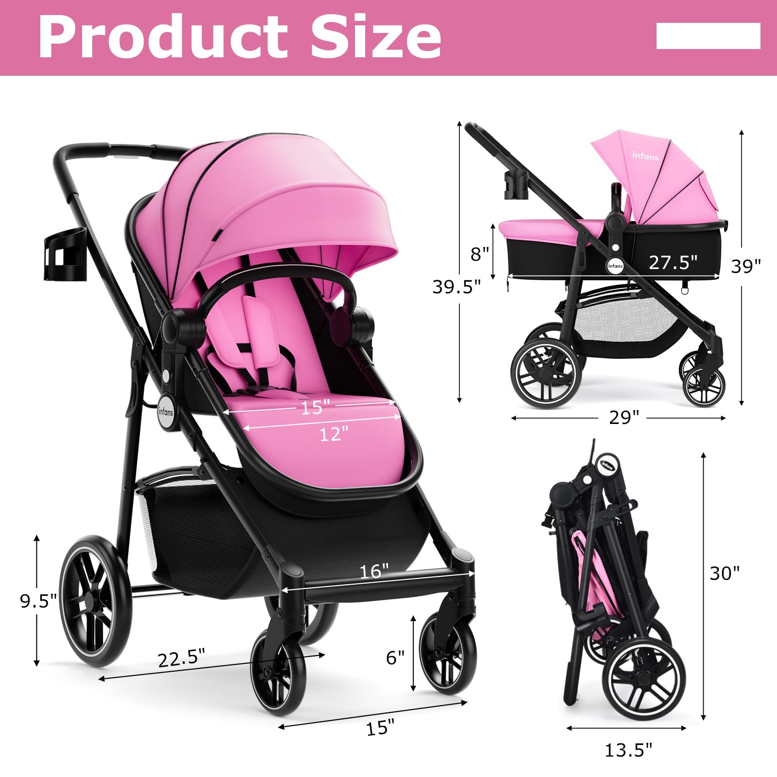 INFANS 2 in 1 Baby Stroller, High Landscape Infant Stroller, Foldable Pushchair