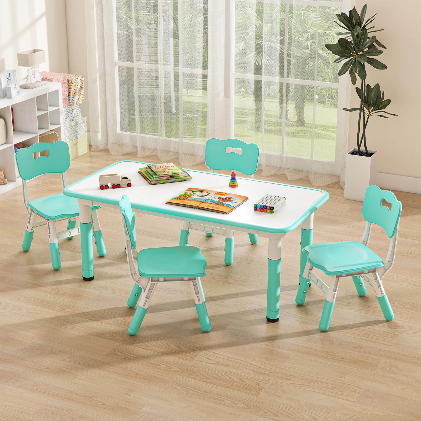 INFANS Kids Table and Chiar Set, Height Adjustable Toddler Desk and 4 Chairs, Large 47" L x 23.5" W Multi-Activity Art Table