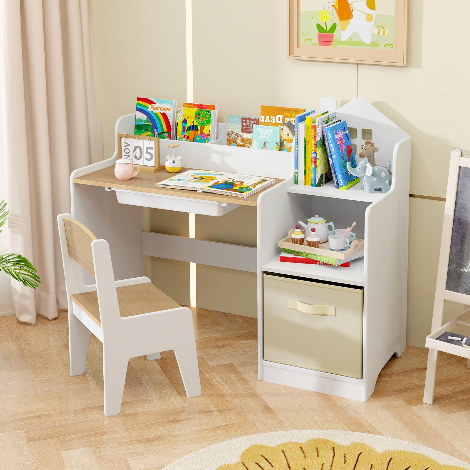 INFANS Kids Table and Chair Set, Toddler Art Craft Play Wood Activity Desk with Chairs, Children Furniture