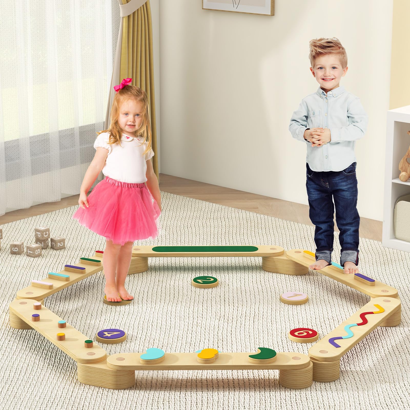 INFANS Wooden Balance Beam Stepping Stones for Kids, Montessori 12 Piece Obstacle Felt Course Gymnastics Toy for Playroom Indoor