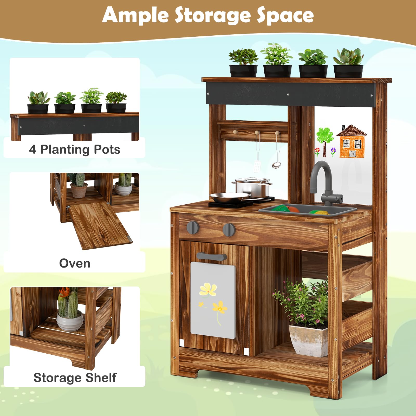 INFANS Mud Kitchen, Outdoor Play Kitchen with Drawing Board, Cooking Accessories, Wooden Kids Kitchen Playset