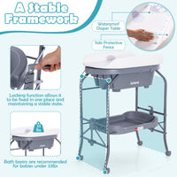 INFANS 2 in 1 Baby Changing Table with Bath Tub Unit, Folding Diaper Dresser Station with Wheels Waterproof Pad
