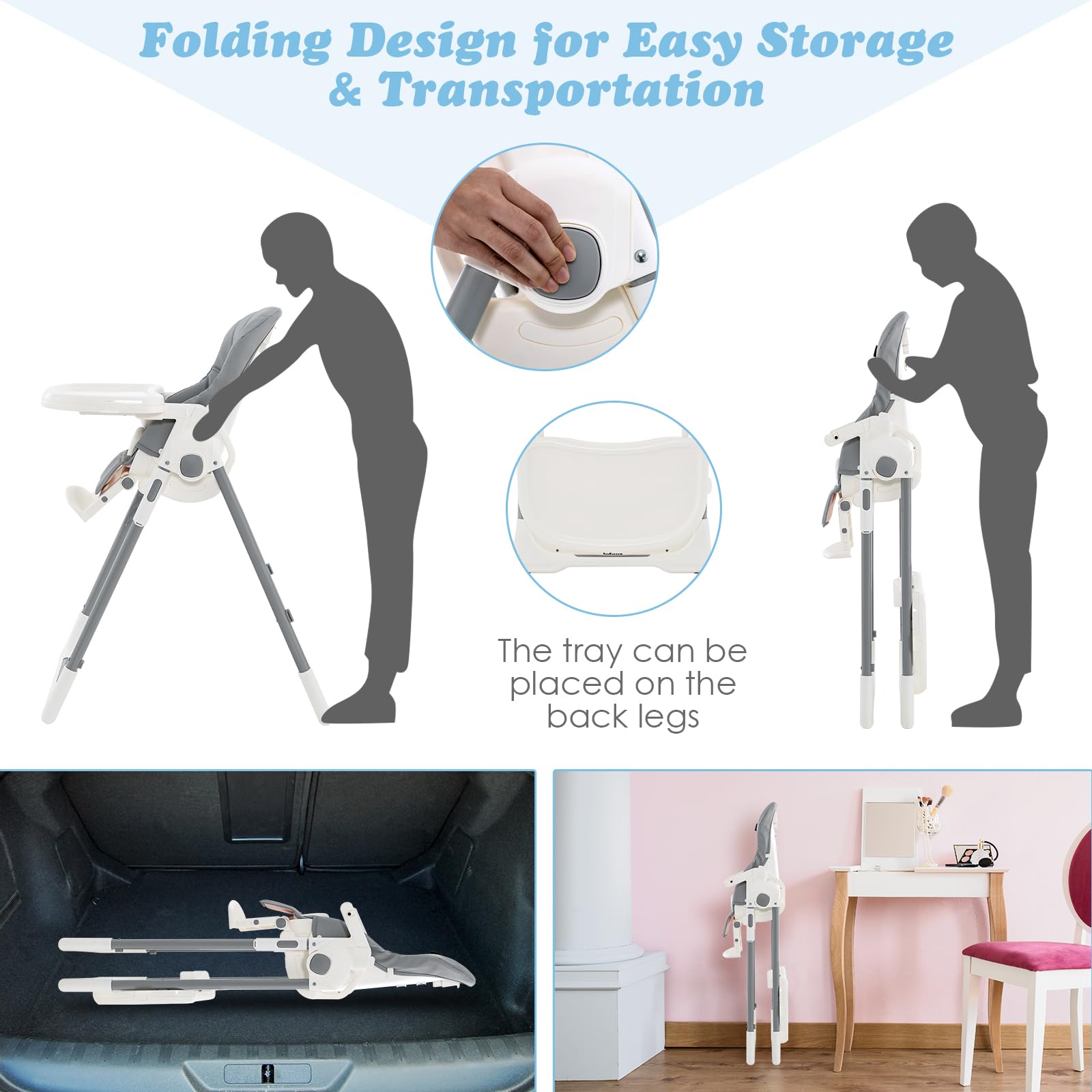 INFANS Foldable High Chair for Babies & Toddlers with Multiple Adjustable Backrest, Footrest and Seat Height
