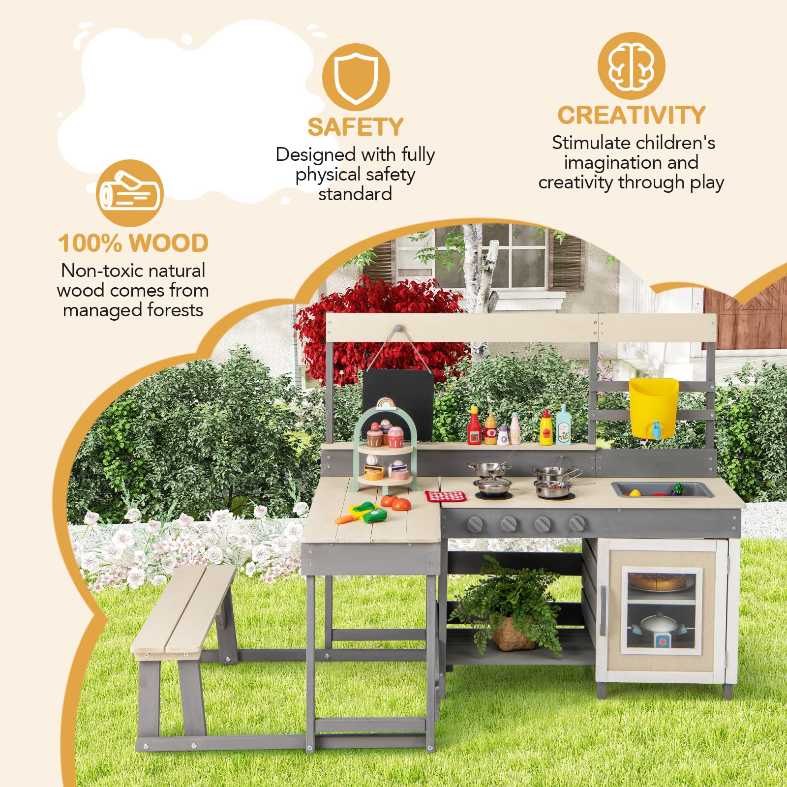 INFANS Mud Kitchen, Outdoor Play Kitchen with Faucet Chalkboard Stoves Removable Sink Cooking Accessories Wooden Kids Kitchen Playset
