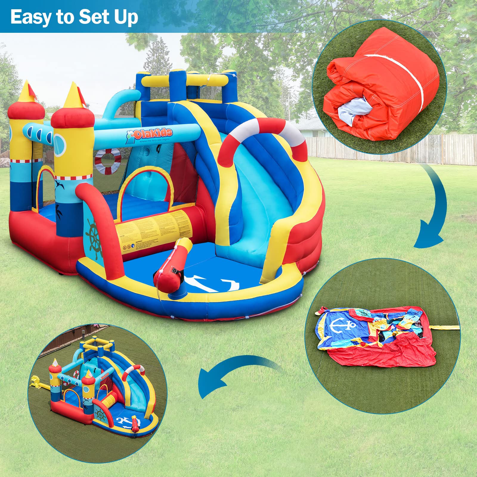 INFANS Inflatable Water Slides, Nautical Themed Bouncy House with Splash Pool,  Water Gun, Outdoor Jumping Castle (with Air Blower)
