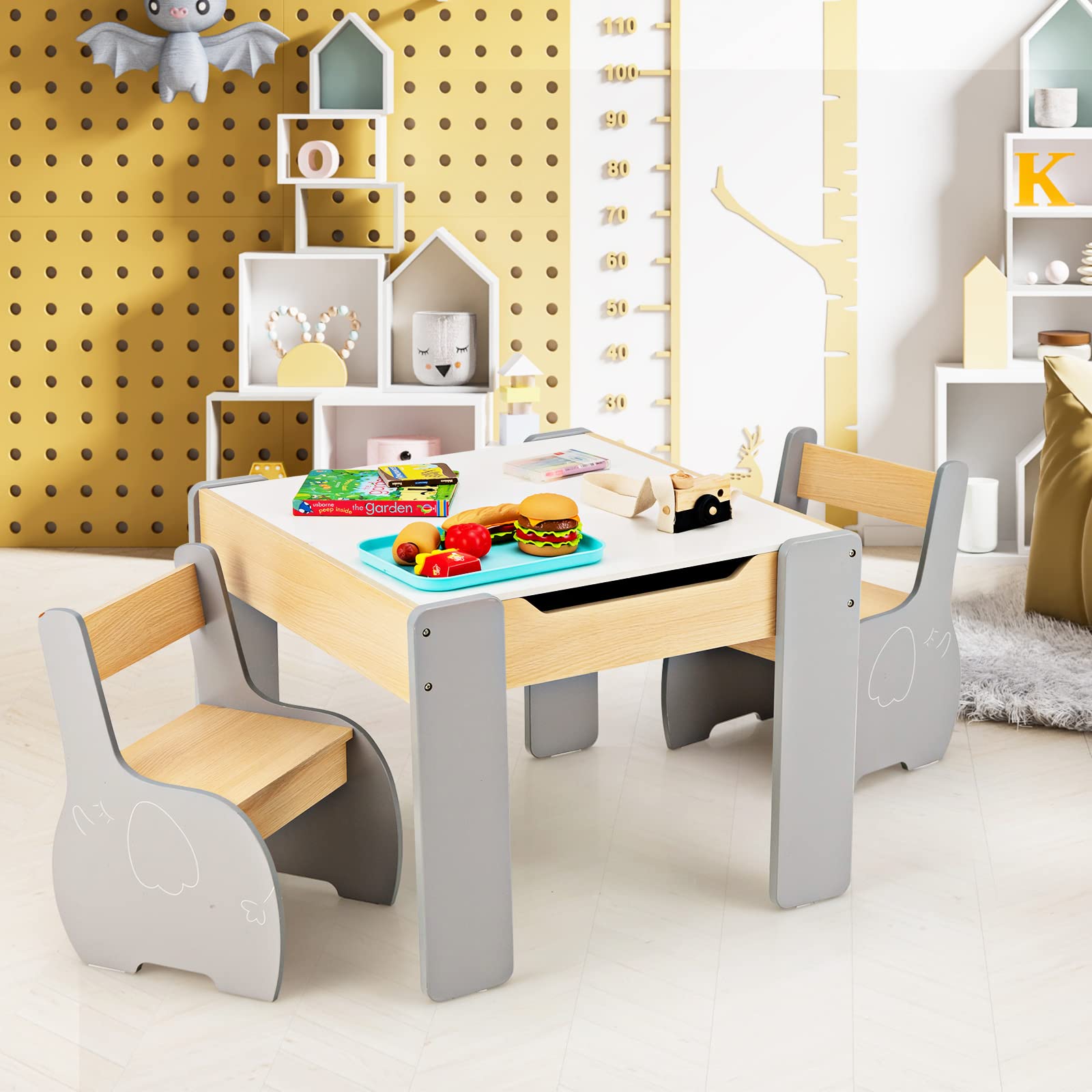 INFANS 3 in 1 Kids Table and Chair Set, Wood Multi Activity Table with Removable Tabletop, Detachable Blackboard