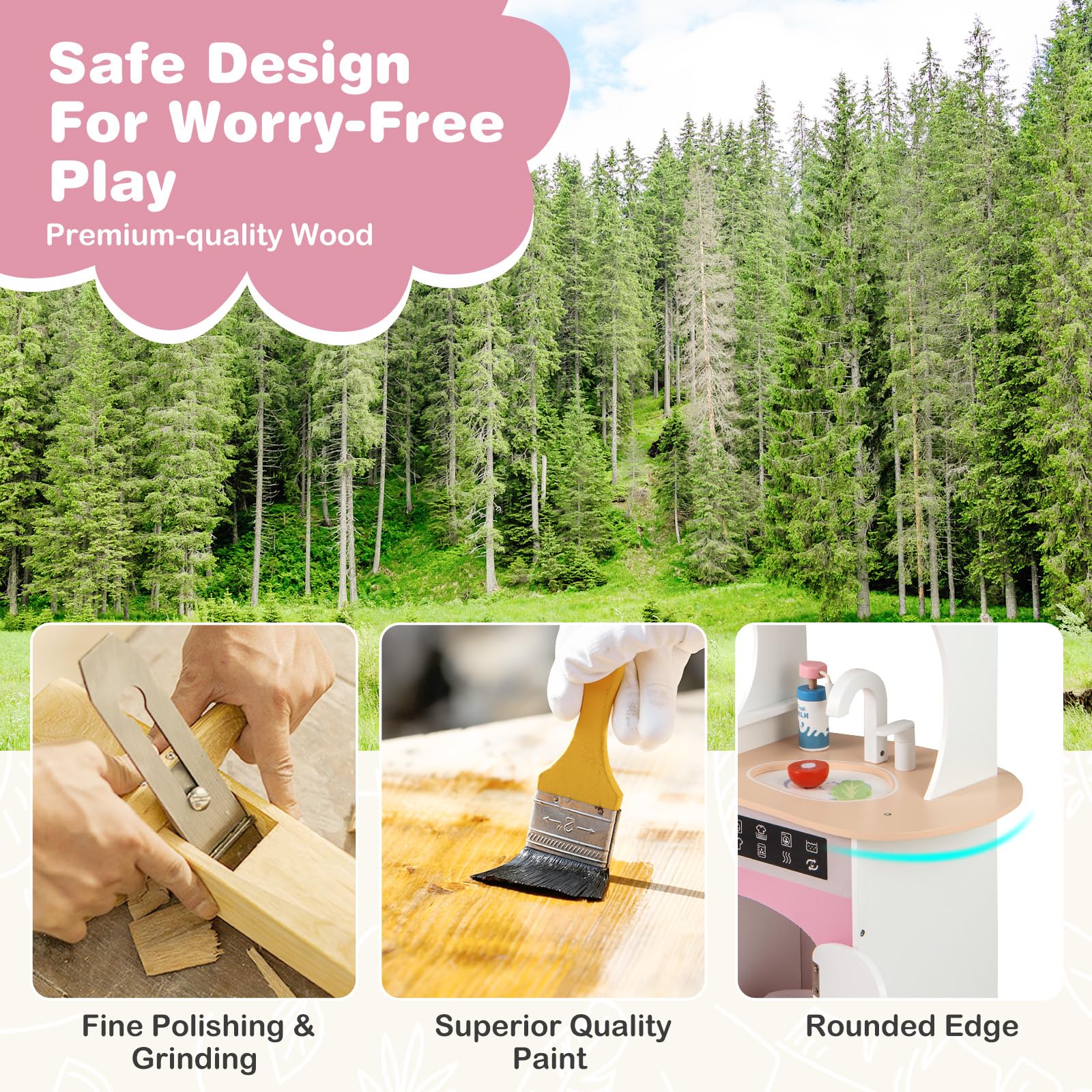INFANS Corner Kids Kitchen Playset, Toddler Wooden Pretend Cooking Set with Lights Sounds Coffee Machine Washing Machine