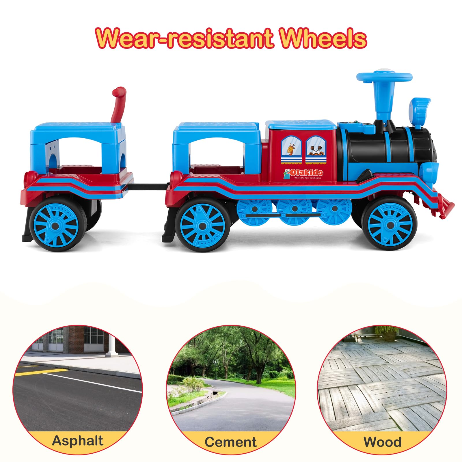 3-Seater 12V Battery Powered Kids Ride on Train with Carriage Trackless
