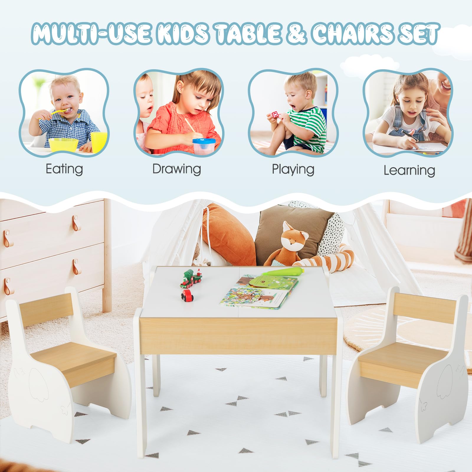 INFANS 3 in 1 Kids Table and Chair Set, Wood Multi Activity Table with Removable Tabletop, Detachable Blackboard