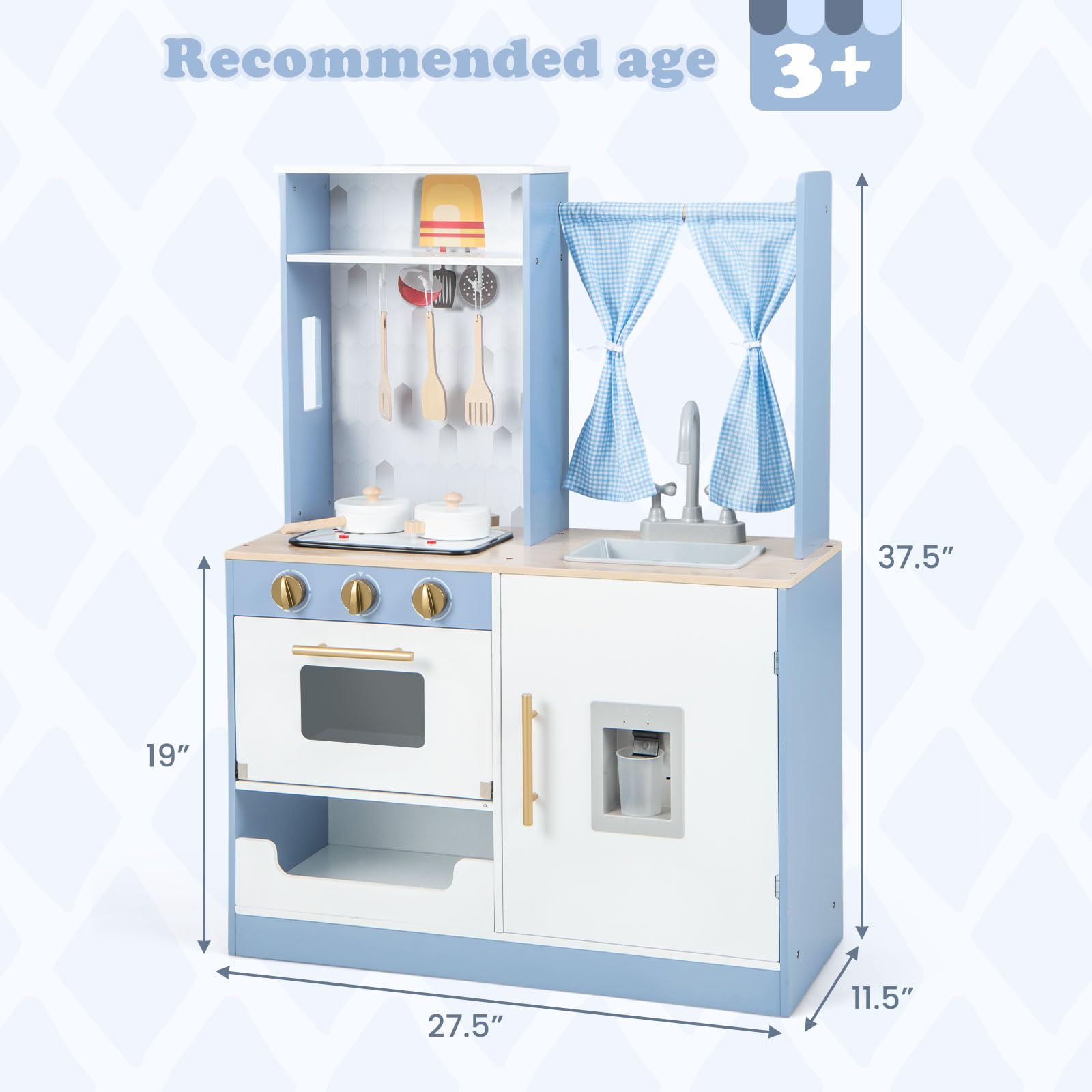 INFANS Kid Kitchen Playset, Toddler Wooden Pretend Cooking Set with Realistic Light & Sound, Stove, Microwave